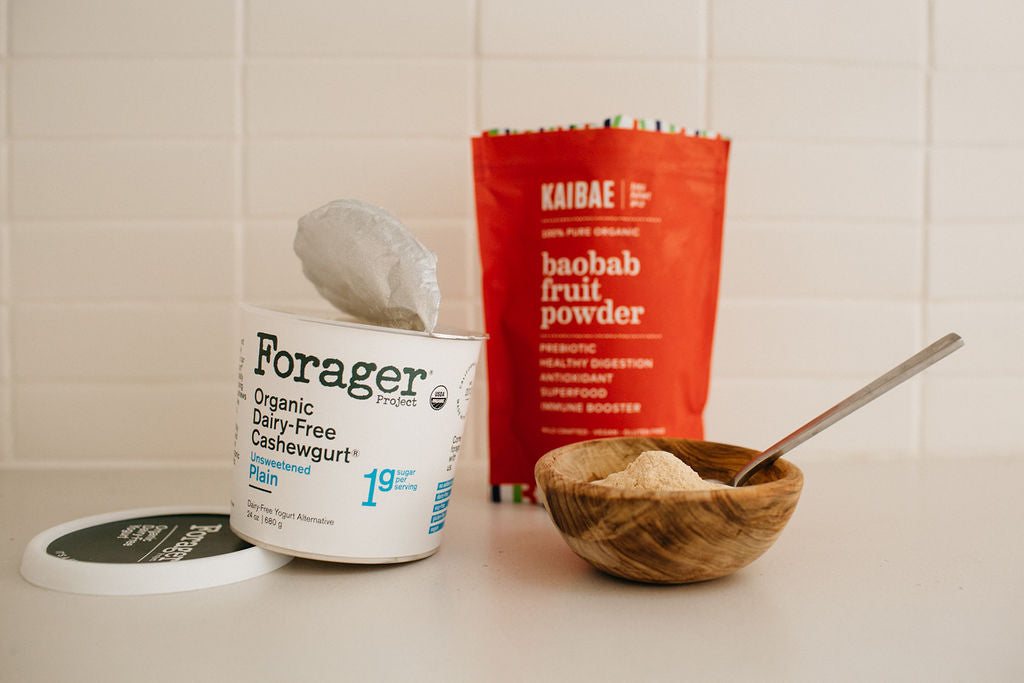 Baobab fruit powder with Forager yogurt for a healthy bowl of prebiotic and probiotic yogurt 