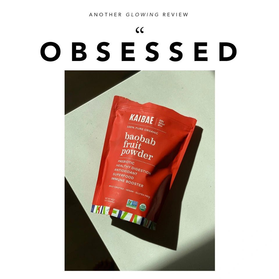 Red package of Kaibae baobab fruit powder on a white surface with 'Obsessed' text above.