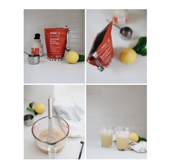 Collage of images showing the preparation of a lemonade drink with Baobab fruit powder.