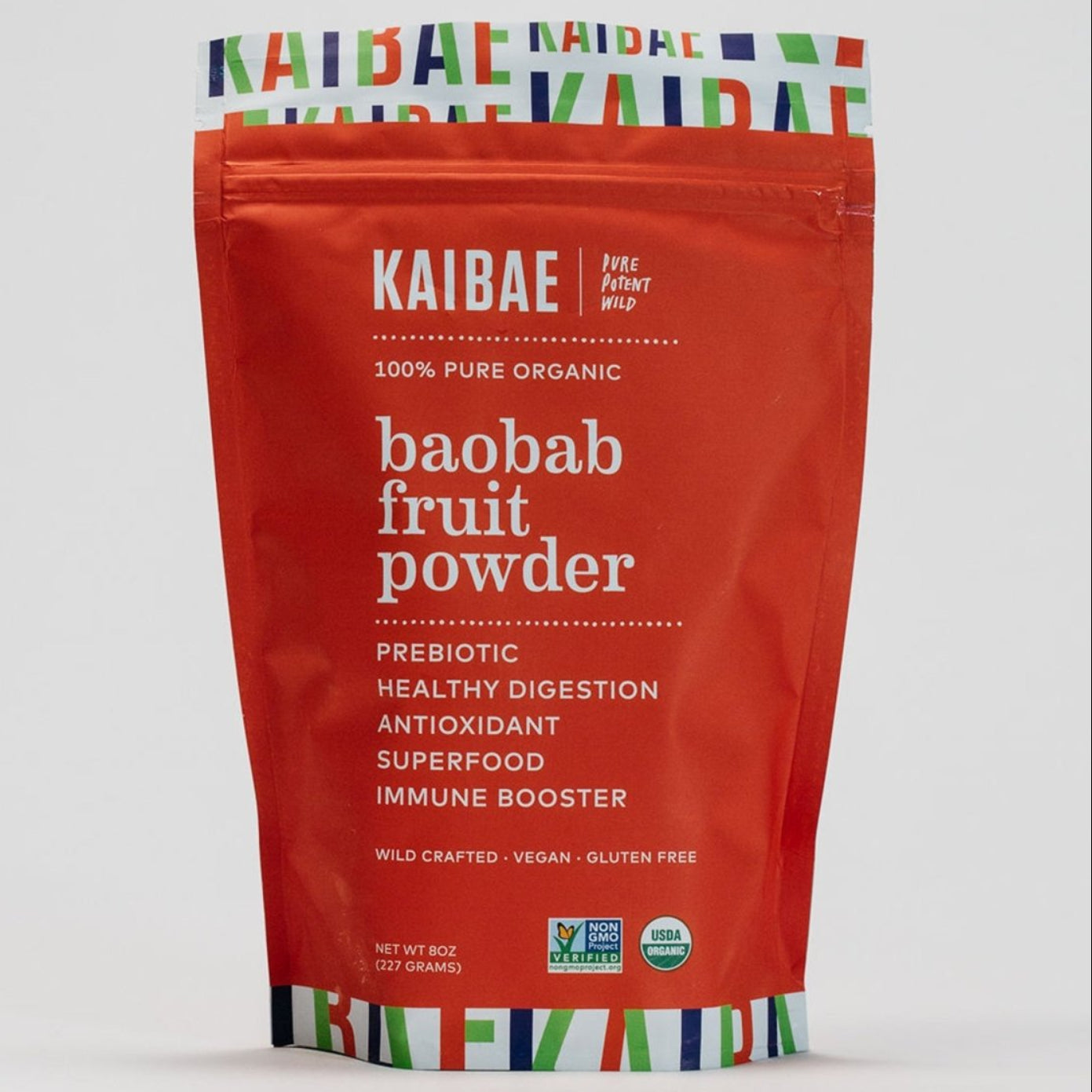 KAIBAE Baobab Powder in a red pouch shows that it is "100% Pure Organic" prebiotic super fiber