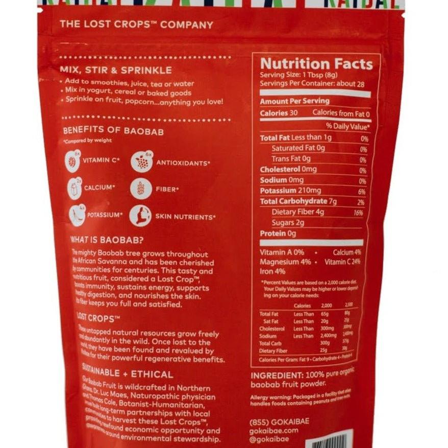 The reverse side of a KAIBAE baobab powder: prebiotic super fiber package features instructions for "Mix, Stir & Sprinkle," along with nutritional details. It outlines benefits such as vitamins, antioxidants, and prebiotic fiber to support gut health. The packaging emphasizes sustainable and ethical practices and provides insights into the baobab fruit from the brand.