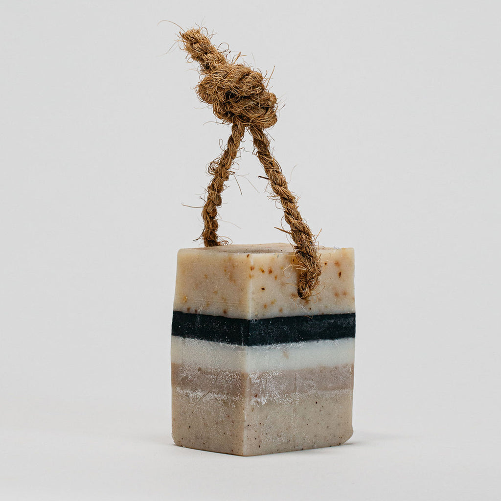 Scrub soap on a rope with Baobab oil, one side is  mildy exfoliating