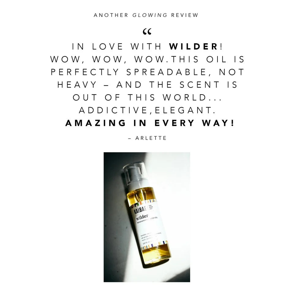 Image featuring a glowing testimonial for a product  KAIBAE " wilder body oil " with a bottle of the product visible. quote praises the scent and quality, highlighted by the name "arlette.