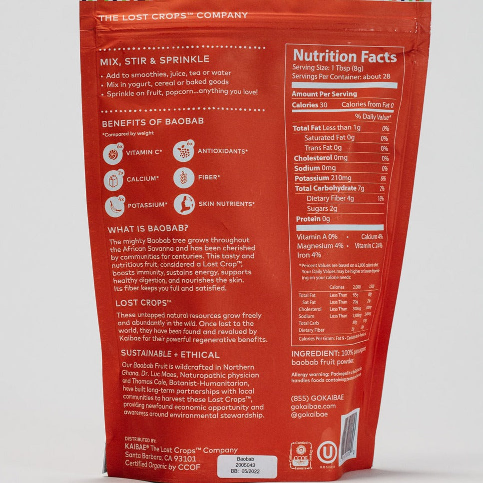 Image of a red package for KAIBAE Organic Pure Baobab Fruit Powder. The front highlights health benefits, including prebiotic fiber for gut health, and uses; the back shows nutritional information and ingredients.