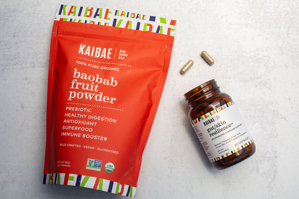 KAIBAE baobab fruit powder and gut/skin resilience health and beauty products for better digestion and a healthy gut microbiome  and skin barrier support