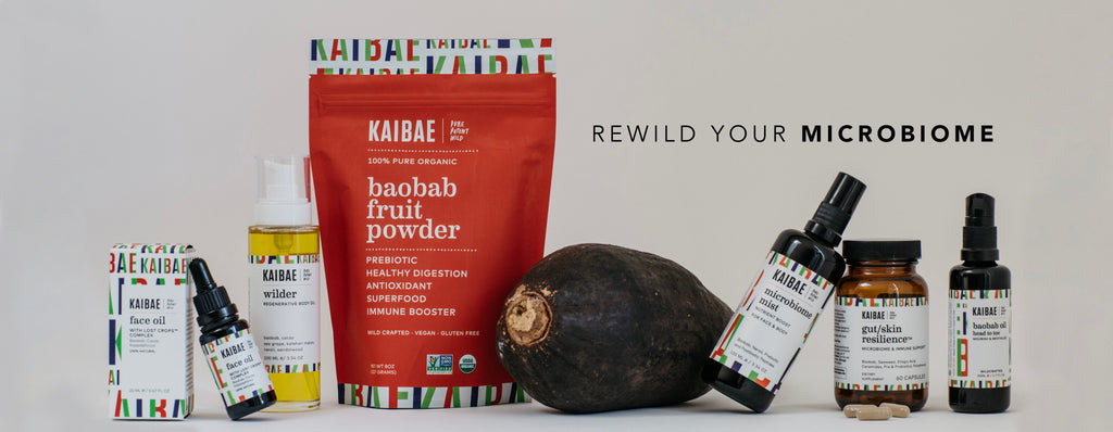 KAIBAE microbiome wellness products for gut to skin health and beauty inside and out. Powered by prebiotic, polyphenol rich Baobab and wild plants!