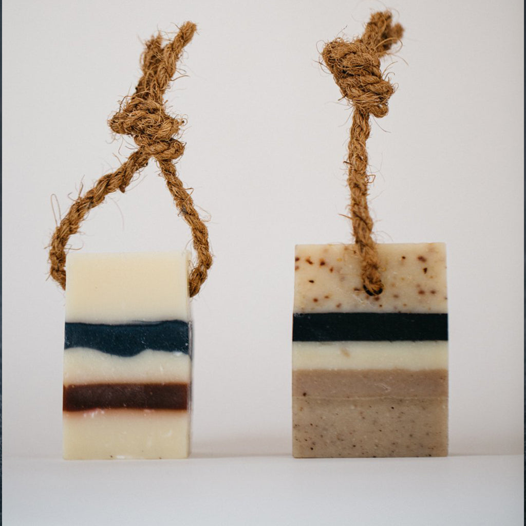 Sooth and scrub soaps on a rope