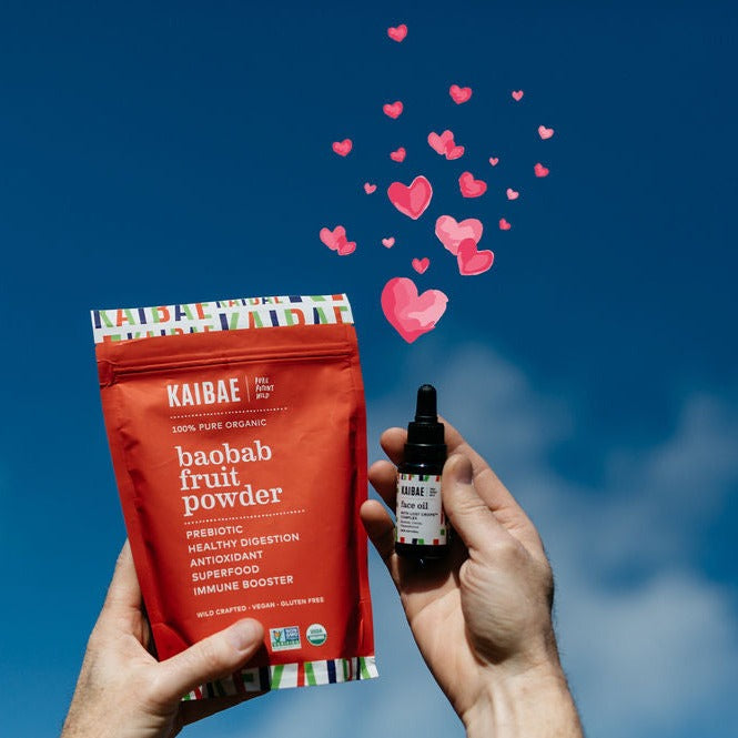 Fun photo with hearts. The KAIBAE valentines bundle for your sweetie of Baobab fruit powder and face oil. 